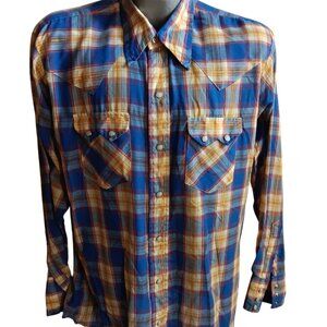 Large Vintage Western Shirt Mens Shiny Gold Plaid Ultra Thin 16.5 34 Dee Cee 80s